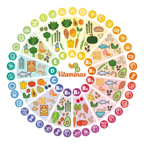 diagrama con alimentos y sus vitaminas