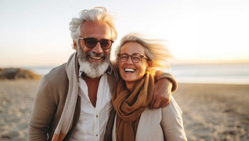 pareja de la terdera edad hipster en la playa sonriendo